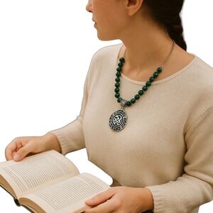 Green Beaded Silvertone Chain Necklace Celtic Pendant marked CM